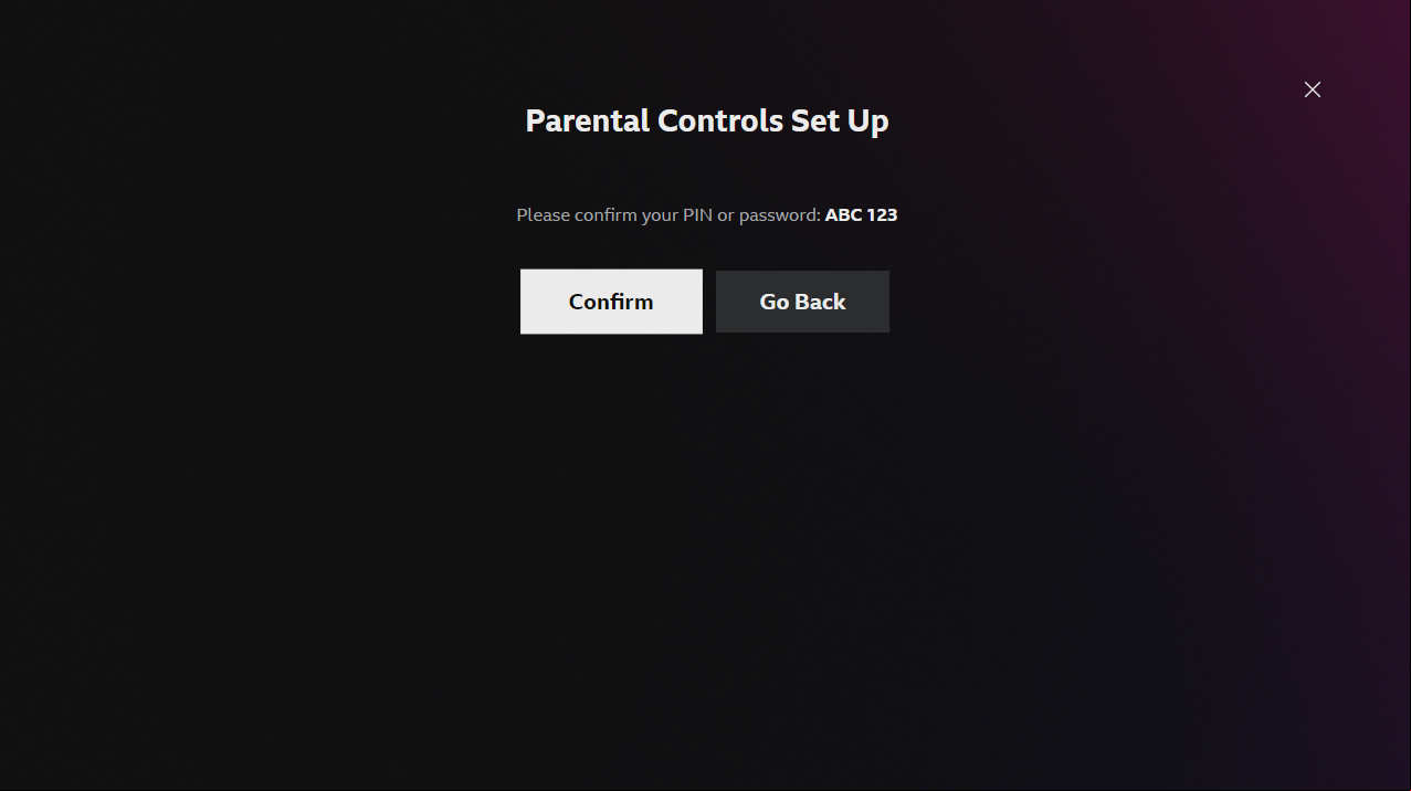 Image of the s confirmation screen on the iPlayer TV app. The new  is displayed and the 'Confirm' button is highlighted