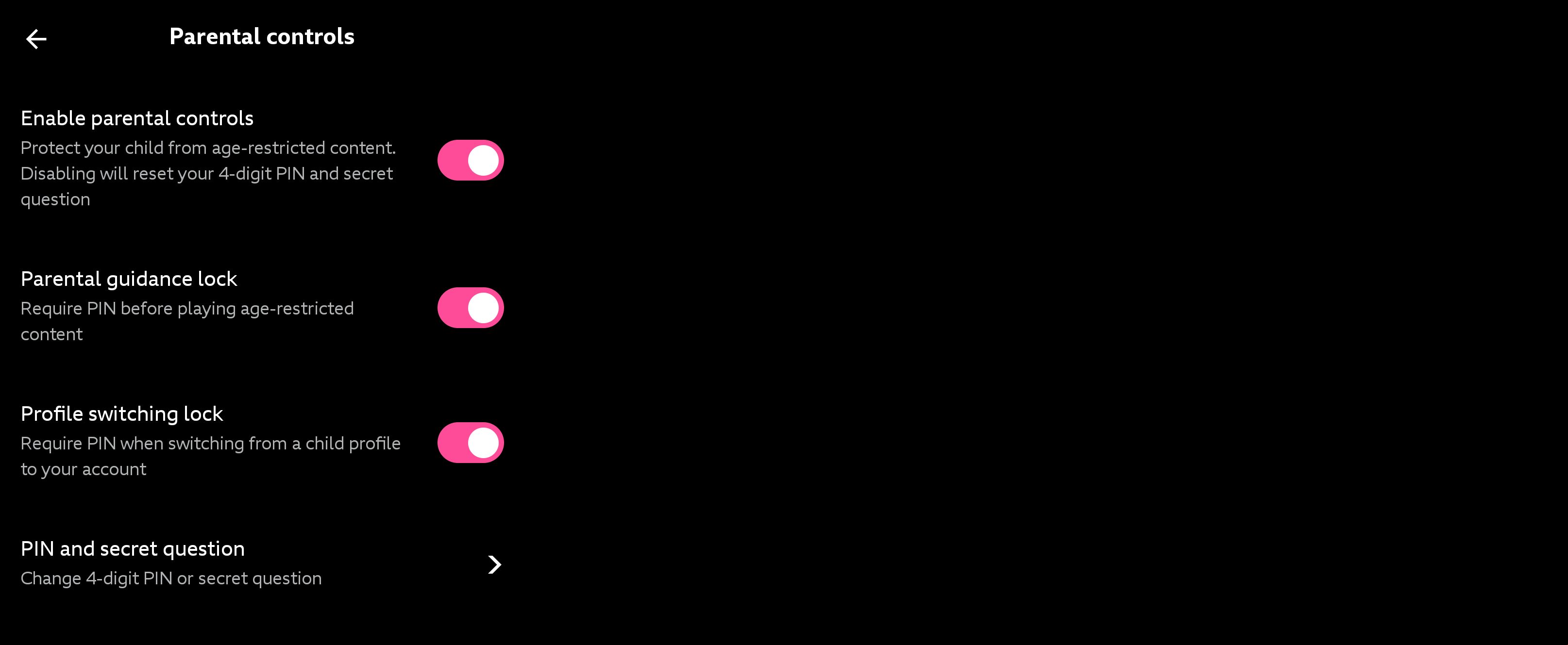 Image of the s options on the mobile app. All options are toggled to 'on'