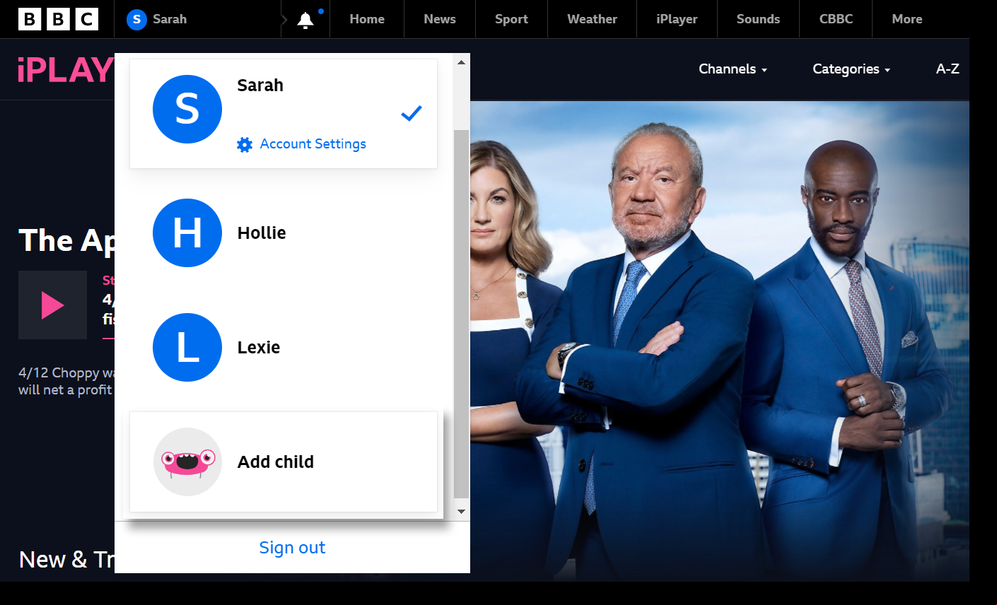 Screenshot of the Select  page on the iPlayer website highlighting the Add Child button