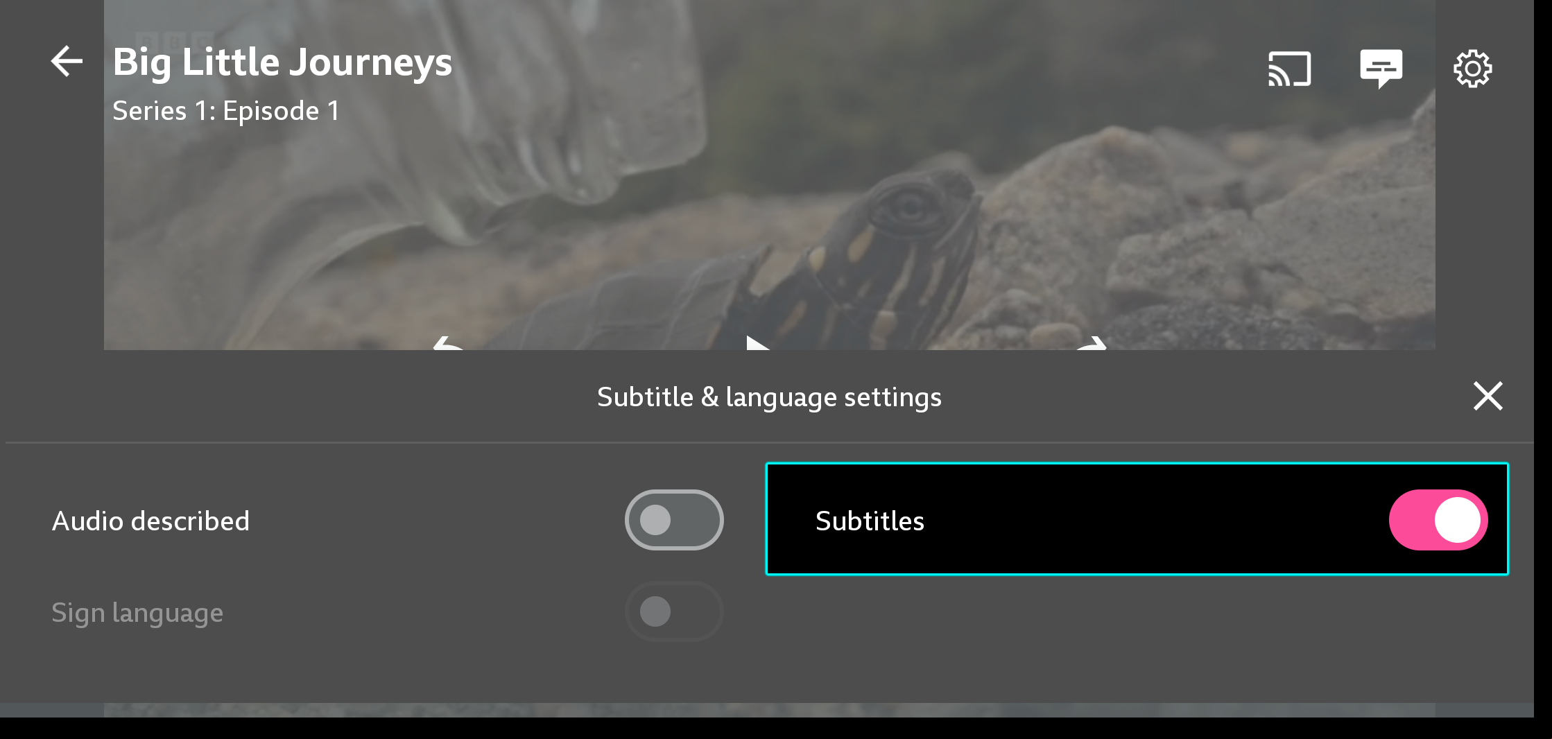 Image of the iPlayer mobile playback screen with the accessibility options open. The subtitles toggle is highlighted