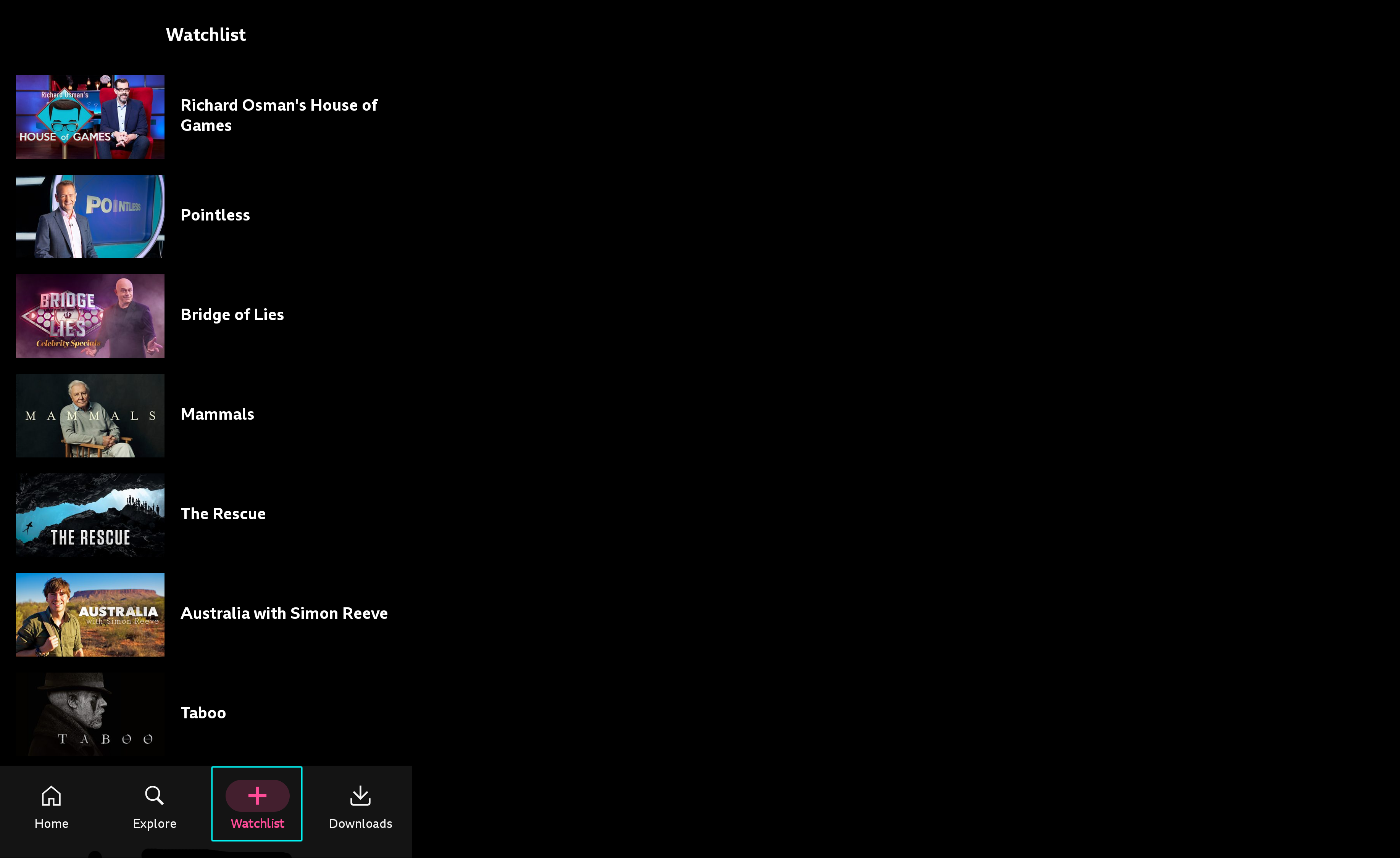 Image of the iPlayer mobile app with the Watchlist menu button highlighted at the bottom