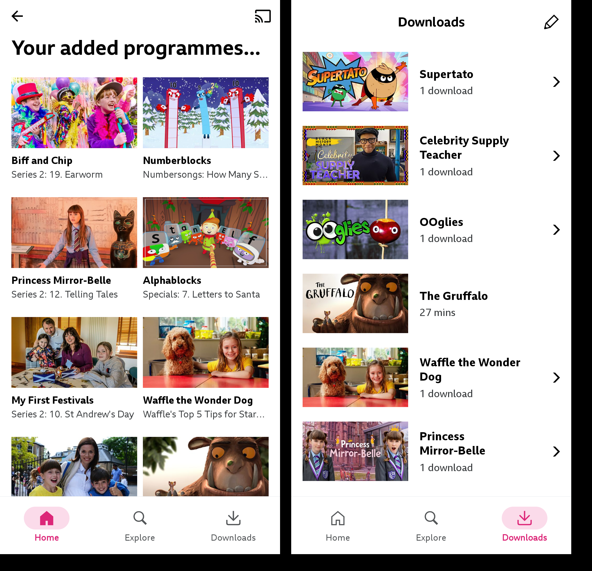 Twi images from the BBC iPlayer app when signed in as a child. The first is the 'Your added programmes' page and the second is of the s page.